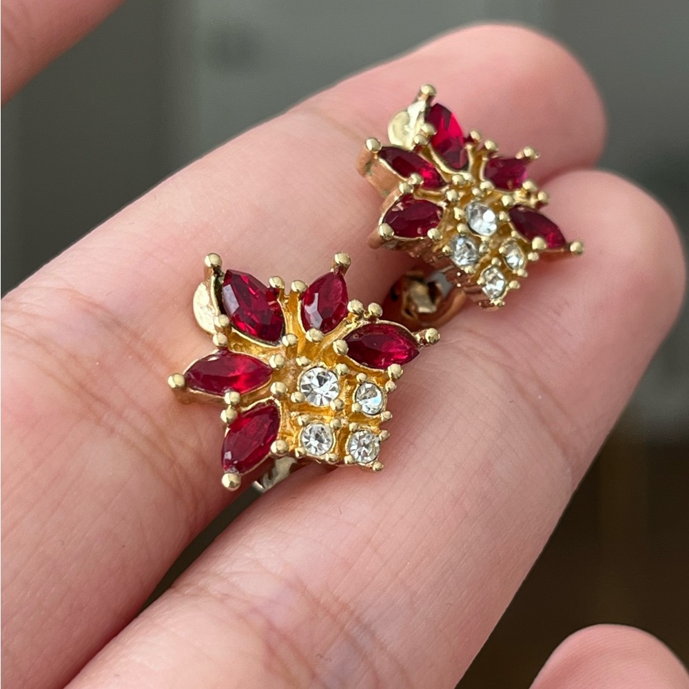 Vintage Christian Dior Flower Firework Red Rhinestone Mini Gold Clip-On Earrings - Picture 2 of 11